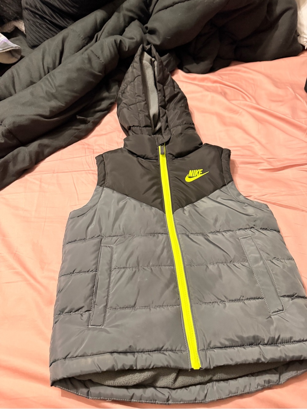 Nike Kids Gray & Black Hooded Puffer Vest with Neon Yellow Trim